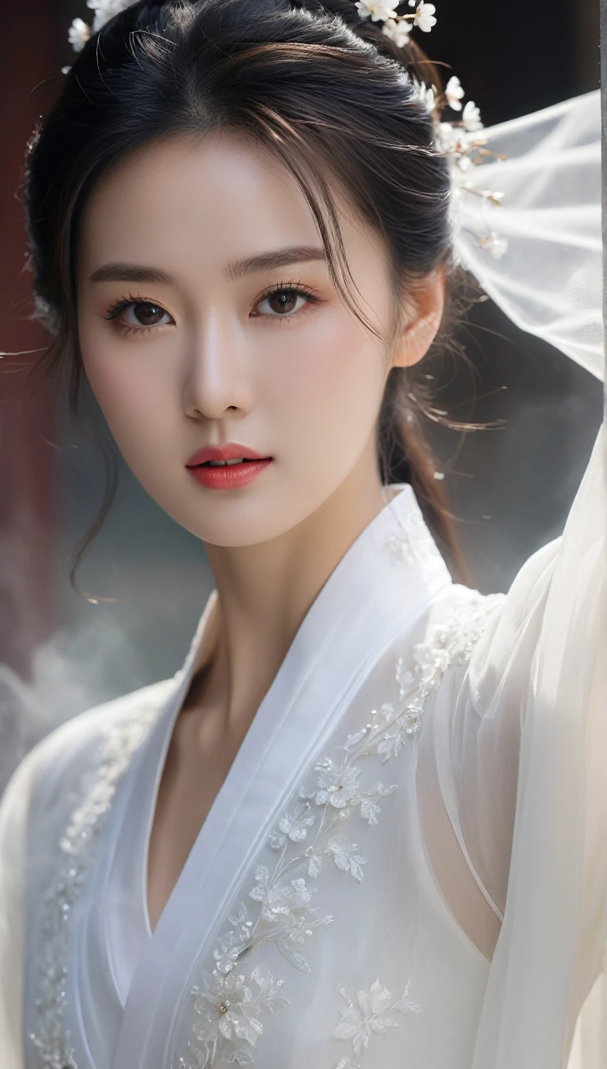 beautiful Korean woman, (((Mikamaria))), (motion blur:1.3), abnormally stunning beautiful face, black and white close-up,woman in intricate pure white hanbok dress, spinning frantically, translucent tingling air particles on dress hem, in ancient china, professional fashion photography,UHD, 4k, 8k