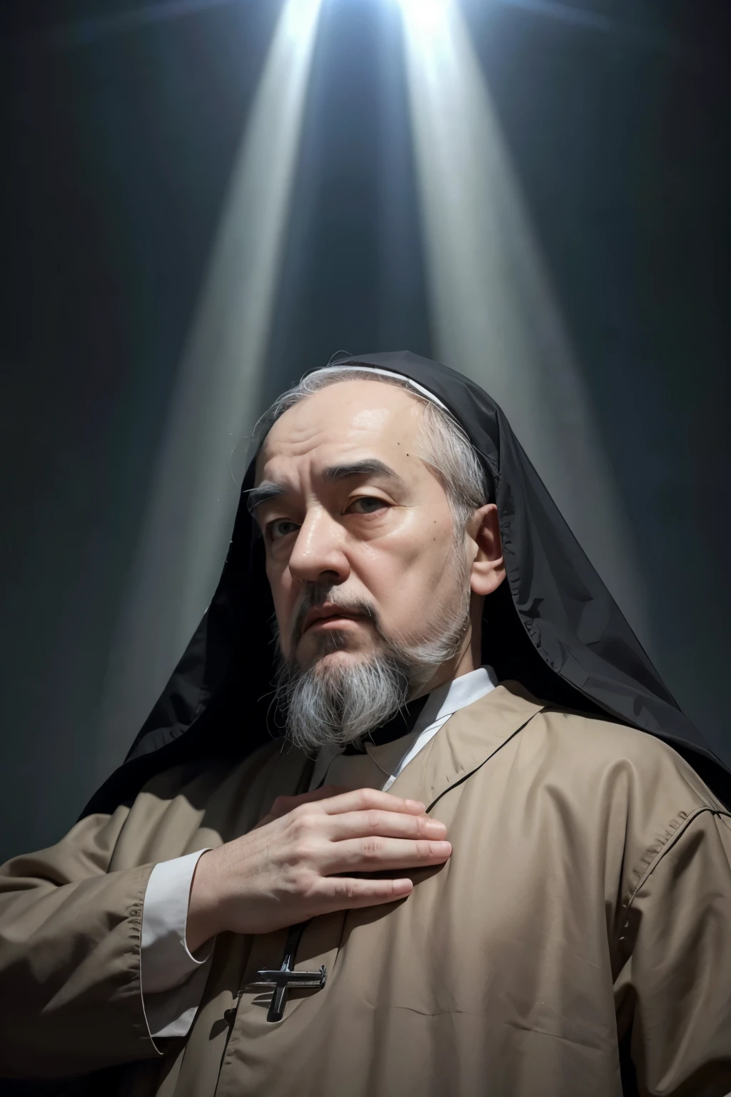 
create an image of Padre Pio, with a background of rays,como uma tempestade
