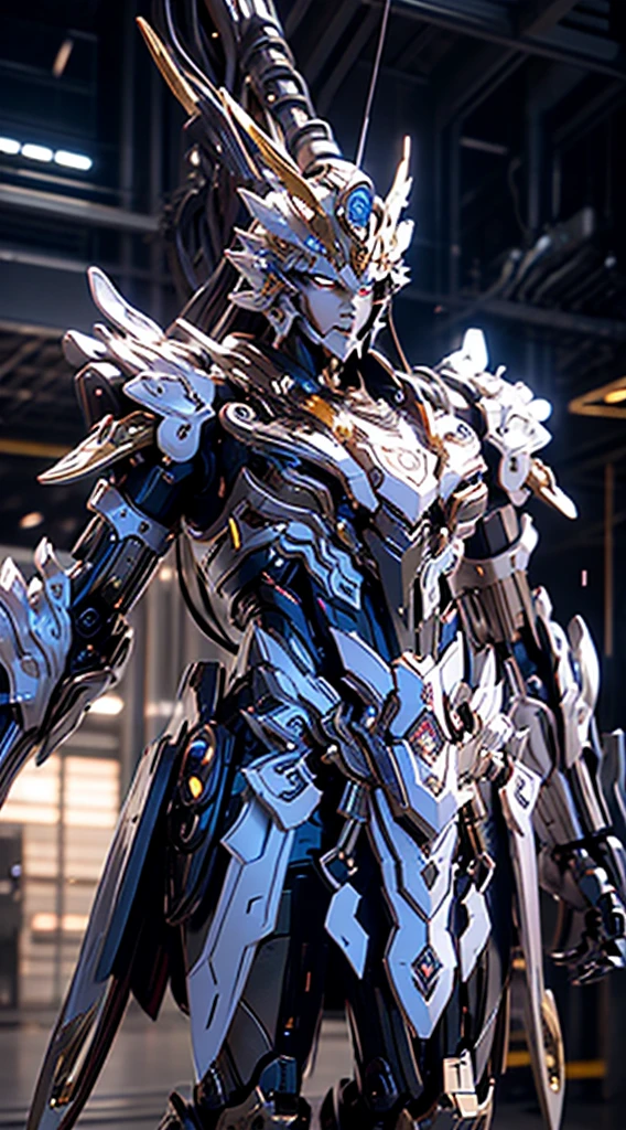 Generate a mesmerizing full-body shot of a Mage King mech, a sovereign and magical force in the futuristic realm. The armor should be adorned with intricate arcane symbols, shimmering with magical energy. Incorporate regal tones, such as deep purples, royal blues, and gold, to convey a sense of mystical majesty. Equip the mech with a staff or a magical weapon befitting a mage king, emanating arcane power. The helm should have a crown-like structure, and the eyes should glow with the brilliance of ancient spells. Proportions should convey both the grandeur of a king and the mastery of a powerful mage, showcasing the mech's imposing presence. The pose should exude a combination of regal authority and magical prowess, as if the Mage King mech is ready to wield formidable spells on the futuristic battlefield. The background, if any, should complement the magical theme, perhaps with ethereal energies or a futuristic enchanted palace. This Mage King mech is a symbol of arcane leadership and magical dominion, a ruling force on the futuristic battlefield.