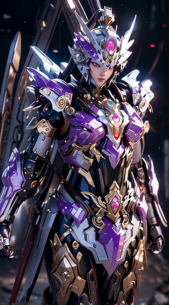 Generate a mesmerizing full-body shot of a Mage King mech, a sovereign and magical force in the futuristic realm. The armor should be adorned with intricate arcane symbols, shimmering with magical energy. Incorporate regal tones, such as deep purples, royal blues, and gold, to convey a sense of mystical majesty. Equip the mech with a staff or a magical weapon befitting a mage king, emanating arcane power. The helm should have a crown-like structure, and the eyes should glow with the brilliance of ancient spells. Proportions should convey both the grandeur of a king and the mastery of a powerful mage, showcasing the mech's imposing presence. The pose should exude a combination of regal authority and magical prowess, as if the Mage King mech is ready to wield formidable spells on the futuristic battlefield. The background, if any, should complement the magical theme, perhaps with ethereal energies or a futuristic enchanted palace. This Mage King mech is a symbol of arcane leadership and magical dominion, a ruling force on the futuristic battlefield.