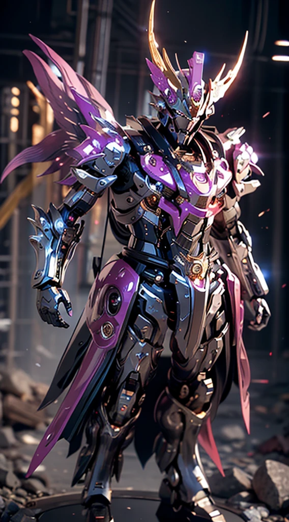 Generate a mesmerizing full-body shot of a Mage King mech, a sovereign and magical force in the futuristic realm. The armor should be adorned with intricate arcane symbols, shimmering with magical energy. Incorporate regal tones, such as deep purples, royal blues, and gold, to convey a sense of mystical majesty. Equip the mech with a staff or a magical weapon befitting a mage king, emanating arcane power. The helm should have a crown-like structure, and the eyes should glow with the brilliance of ancient spells. Proportions should convey both the grandeur of a king and the mastery of a powerful mage, showcasing the mech's imposing presence. The pose should exude a combination of regal authority and magical prowess, as if the Mage King mech is ready to wield formidable spells on the futuristic battlefield. The background, if any, should complement the magical theme, perhaps with ethereal energies or a futuristic enchanted palace. This Mage King mech is a symbol of arcane leadership and magical dominion, a ruling force on the futuristic battlefield.