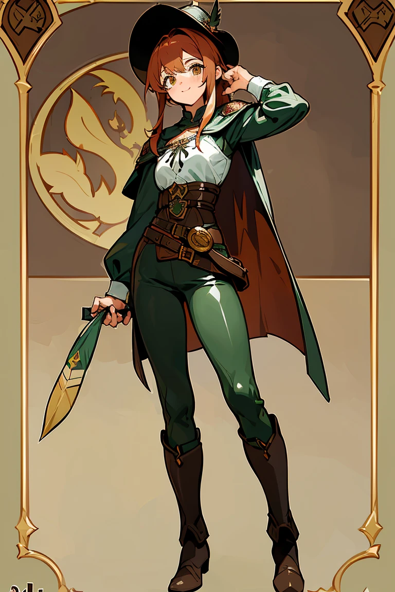 (concept: Halfling)masterpiece, best quality, very aesthetic, Halfling, Body("Shiny Hazel Eyes" + "#100: Messy Auburn Hair" + "Small Frame" + "Tanned skin" + "Flexible fingers" + "Athlete physique" + "Cute button nose" + "A big smile" + "Wearing a series of mismatched bracelets")
clothing("Comfortable travel boots" + "Leather pants" + "A tunic bearing the emblem of her adventuring guild" + "A cape that changes color depending on your mood" + "A wide-brimmed hat decorated with feathers"), ((In the medieval market)), (((Waist Up)))