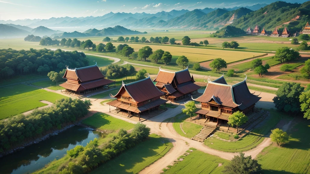 Beautiful scenery of ancient village in Myanmar. Aerial view. Photorealistic photos, High definition, 8K