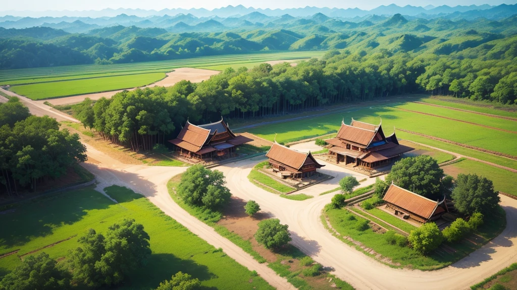 Beautiful scenery of ancient village in Myanmar. Aerial view. Photorealistic photos, High definition, 8K