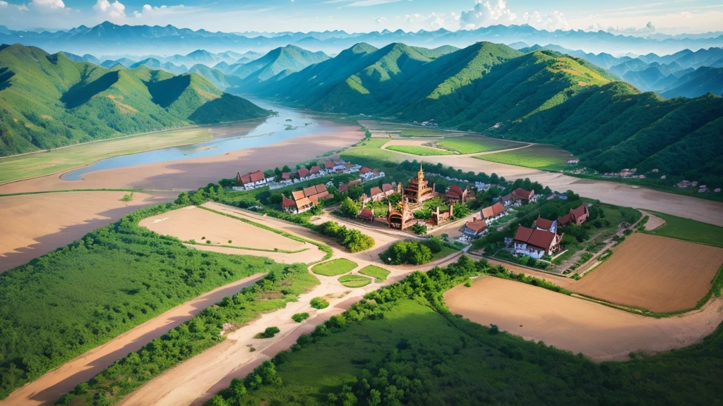 Beautiful scenery of ancient village in Myanmar. Aerial view. Photorealistic photos, High definition, 8K