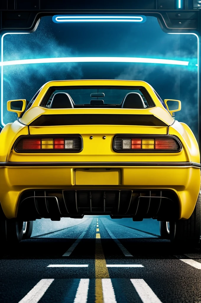 Yellow car passing through a portal with bright blue lines (looking at the screen) Movie style back to the future