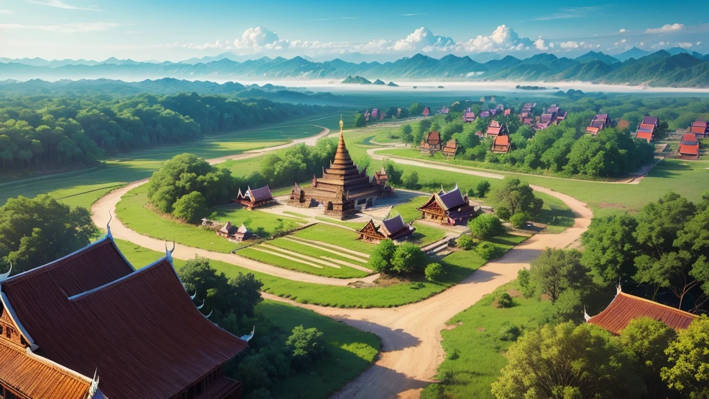 Beautiful scenery of ancient village in Myanmar. Aerial view. Photorealistic photos, High definition, 8K