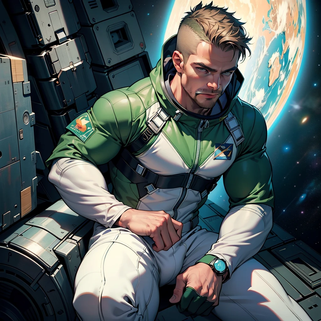 32k,masterpiece, best quality, detailed face, natural eyes,1man, solo mature man, muscled and mature, stephen amell as an astronaut wearing future space suit, dark green suit, showing muscles and bulge ,floating in the space inside a space shuttle , with "arrow" text and logo on his suit ,  full body, intricate Detailed background 