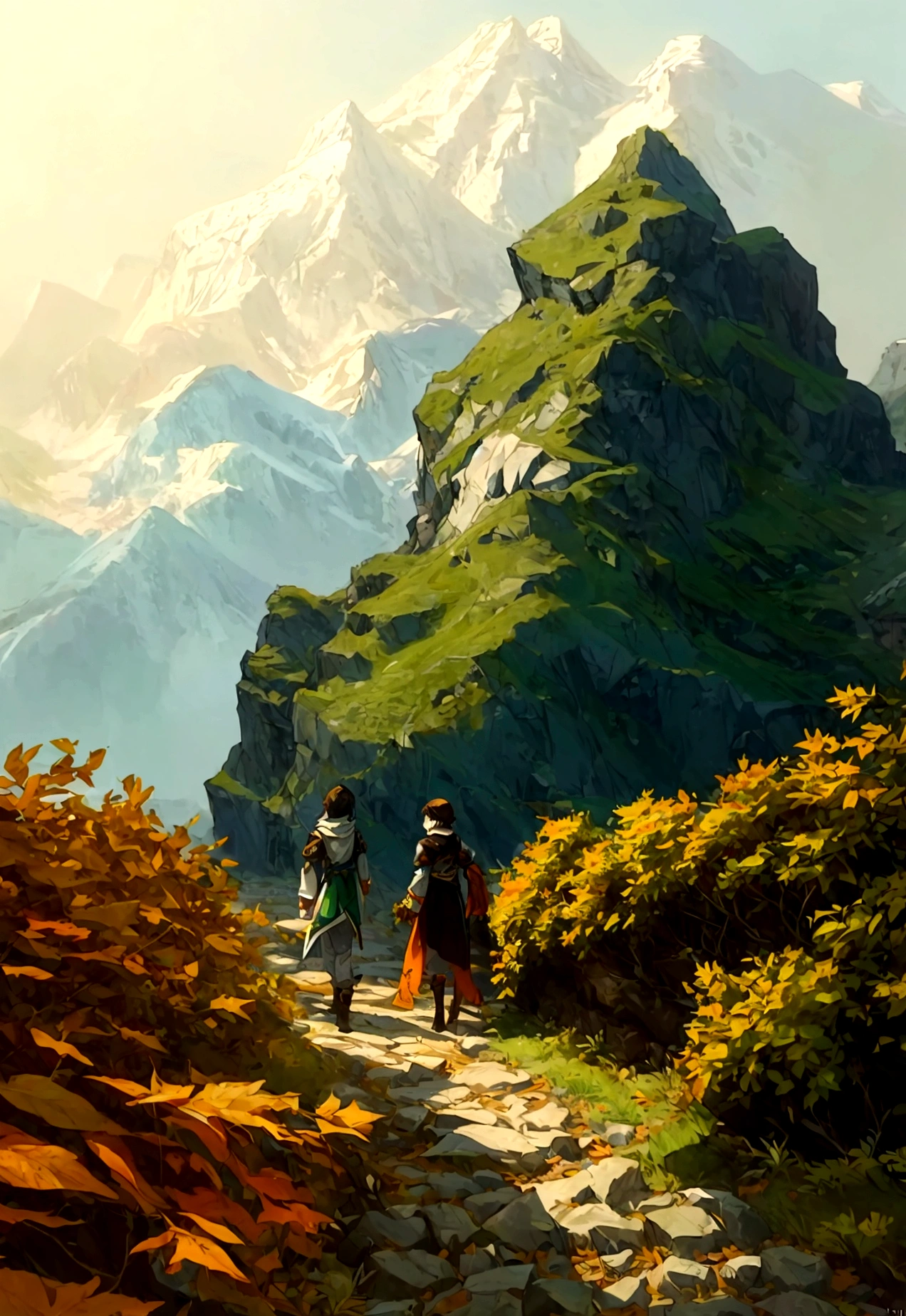 Fallen leaves on the mountain path, Atei Gailan 8K, Inspired by Sylvain Sarrail, Makoto Shinkai Cyril Rolland, Concept Art Wallpaper 4K, Digital Painting Concept Art, Cyril Rolland and Goro Fujita, Inspired by Atei Gailan