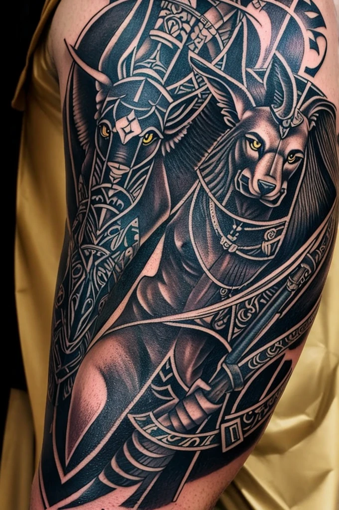 Tattoo of Anubis holding his staff over an hourglass to place on the arm