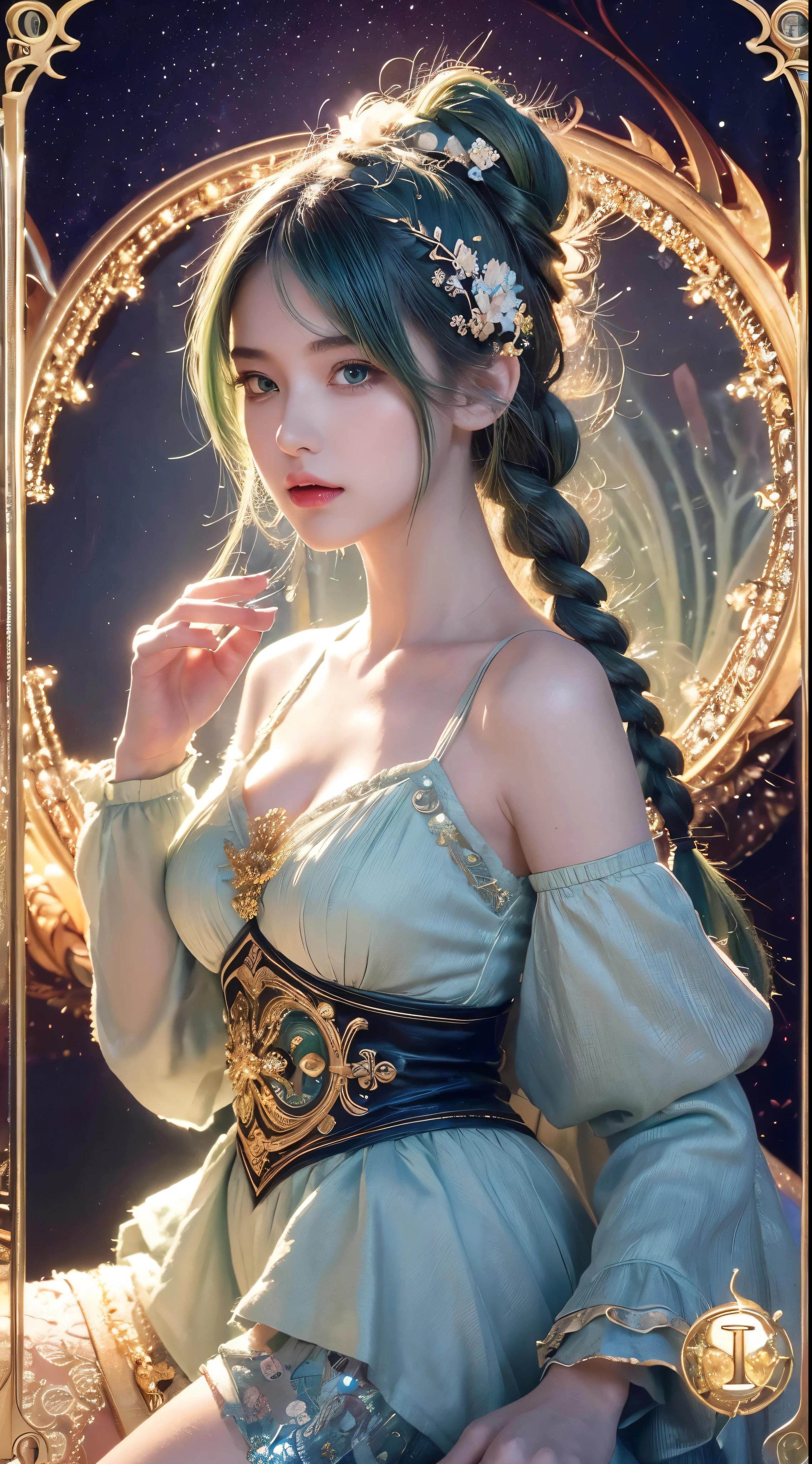 (masterpiece, top quality, best quality, official art, beautiful and aesthetic:1.2), (1girl:1.3), (fractal art:1.3), card, tarot, green hair, twin braids, hair flower, (good lighting:1.1), ((highres)), Tarot card style