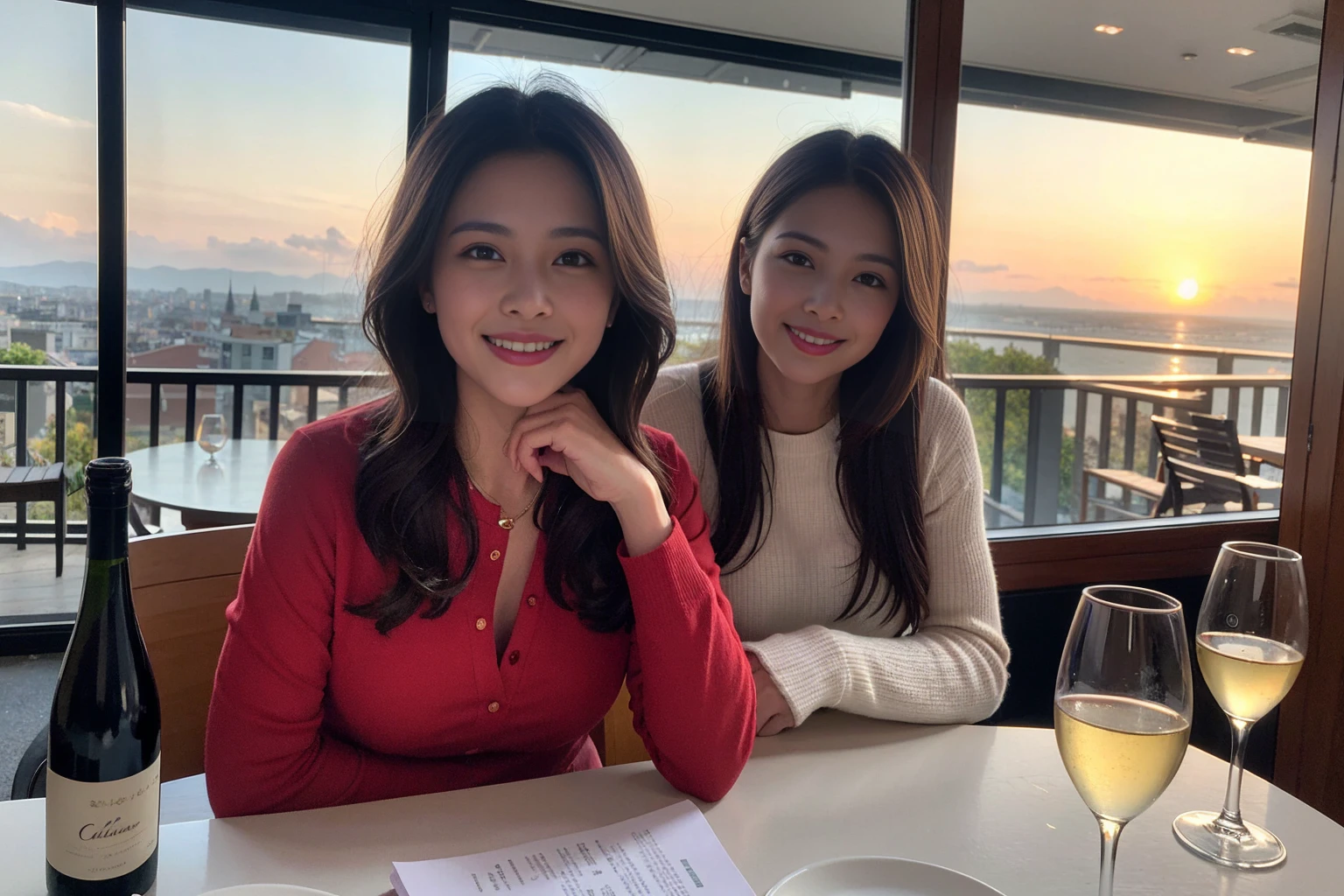 ((Highest quality、8k、masterpiece:1.3))、Izakaya、Japanese sake、Slim Couple、Model Couple、(Realistic, Intricate details:1.2), Japanese sake、One liter bottle、Japanese food、Buckwheat、Japanese sake、Shochu 、Amazing view of the sunset sky and clouds、A bright smile、The wonderfulness of smiles、Bright image、Beautiful Face, blue eyes, The light shines on your face, blush, short hair,Bright Face、 (Age 37), 39 years old, Brown Hair、Shortcuts、Long sleeve shirt、dress、Beautiful woman
