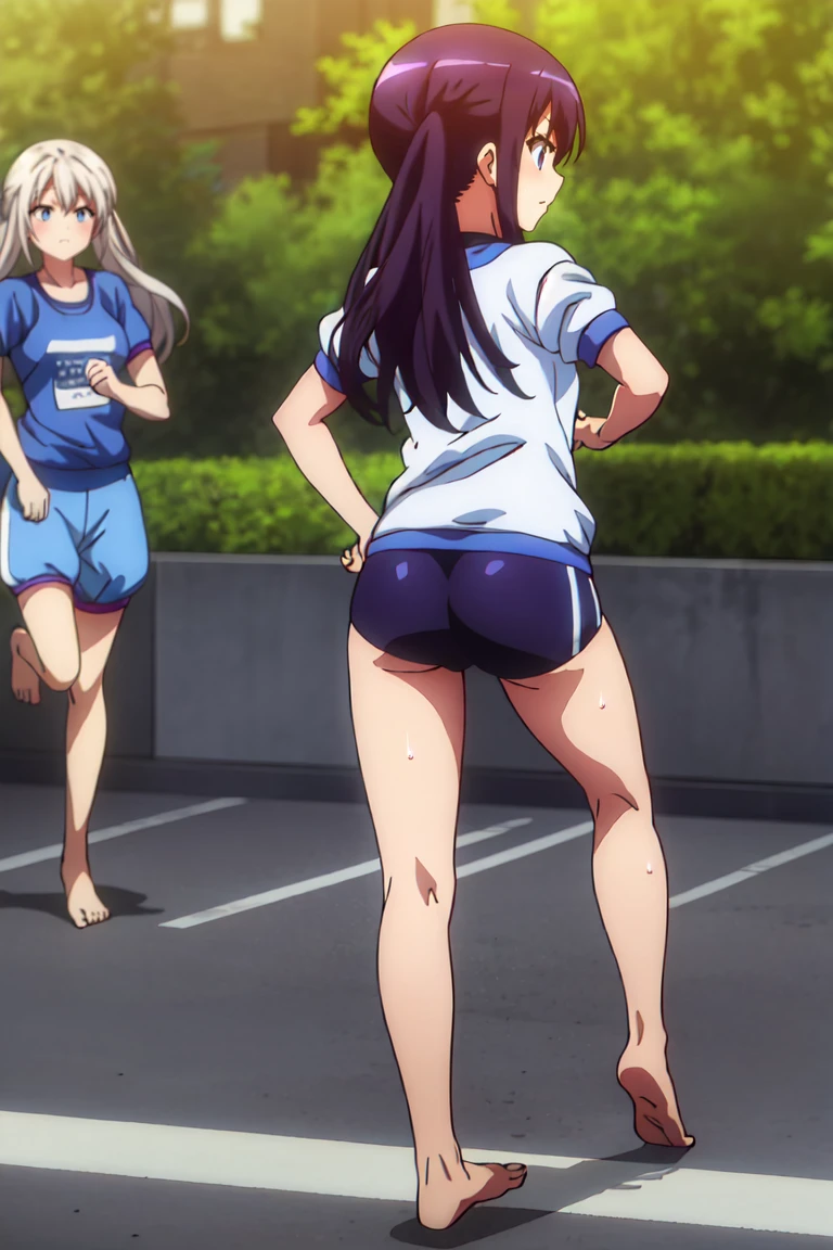 Full body view,,The characters are、Please leave them alone.,A girl with a tired expression、Let me dash around the schoolyard,A girl running alone,gym shirts,Highest quality,back view,1990s anime style,White shirt and blue bloomers,Angry expression,barefoot,Sweating、Running with a tired look,