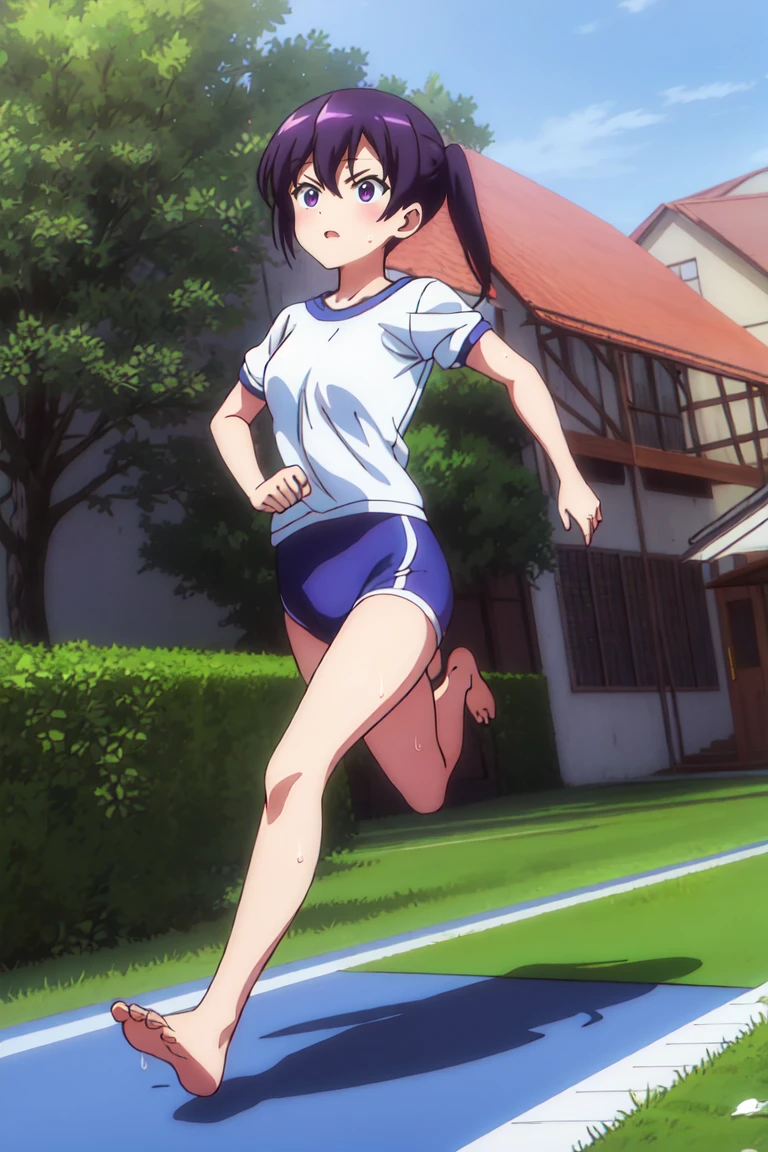 Full body view,,The characters are、Please leave them alone.,A girl with a tired expression、Let me dash around the schoolyard,A girl running alone,gym shirts,Highest quality,back view,1990s anime style,White shirt and blue bloomers,Angry expression,barefoot,Sweating、Running with a tired look,