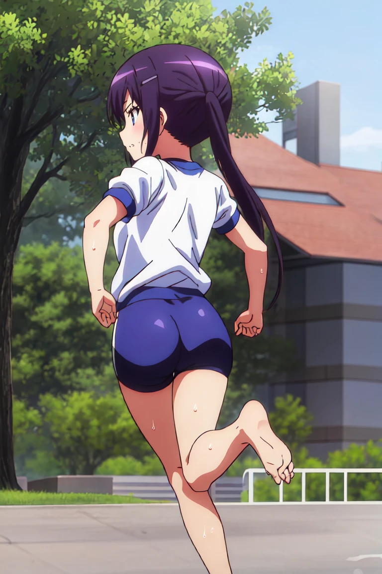 Full body view,,The characters are、Please leave them alone.,A girl with a tired expression、Let me dash around the schoolyard,A girl running alone,gym shirts,Highest quality,back view,1990s anime style,White shirt and blue bloomers,Angry expression,barefoot,Sweating、Running with a tired look,