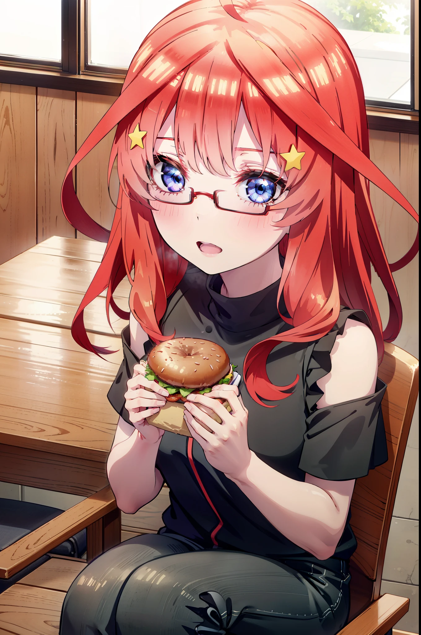 itsukinakano, itsuki nakano, bangs, blue eyes, Hair between the eyes, Ahoge, Redhead, star \(symbol\), hair ornaments, star hair ornaments,smile,Open your mouth,Red-rimmed glasses,Cold Shoulder Shirt,skinny pants,Stiletto heels,Sitting in a chair,There is a computer on the table,interior,Holding a hamburger with both hands and eating it,whole bodyがイラストに入るように,
break indoors, オフィス
break looking at viewer, whole body,
break (masterpiece:1.2), Highest quality, High resolution, unity 8k wallpaper, (figure:0.8), (Beautiful attention to detail:1.6), Highly detailed face, Perfect lighting, Highly detailed CG, (Perfect hands, Perfect Anatomy),