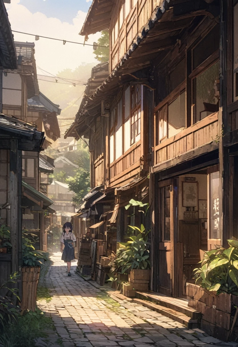 masterpiece,highest quality,ultra-detailed,high-definition background,8K,hi-res,high quality,BREAK, japanese manga style, sketch, Watercolor Colors.ハイクオリティなmasterpiece、landscape、anime、Japanese Town、traditional town、明るい星null。BREAK ロマンチックな古い町並み, null, pixiv, Concept Art, Lofi Art Style, reflection. by Makoto Shinkai, lofi art, Beautiful anime scene, BREAK animeのlandscape, 詳細なlandscape - width 672, in style of Makoto shinkai, style of Makoto shinkai, enhanced details, BREAK,Detailed,Realistic,4k highly detailed digital art,octane render、 Bioluminescence,BREAK 8K解像度Concept Art,realism,by Mappa Studios,masterpiece,最high quality,Official Art,An illustration,ligne claire,(cool_Farbe), Perfect composition,Absurd,Fantasy,concentrated,Rule of thirds,High detail,animeーション,animeーションのスタイル、 Shine, Film lighting, god々Shining rays, Shine光, reflection光, Get closer, Lens flare, masterpiece, High Detail, 最high quality, Ultra detail, high quality, animeーション背景, animeーション壁紙, sunny, 明るい青null, Dramatic lighting, 植wood鉢, plant, wood, Grass, Cobblestone Street, hometown, hometownの町, Summer vacation, memory, 夏のmemory, homecoming、countryside、CountrysiHometown,Children playing、Festivals、Children playing、Veranda、watermelon、watermelonを食べる