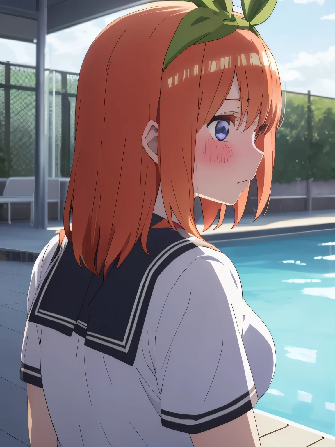 best quality, insanely detailed,yotsuba nakano, poolside background, breasts, blush, back style, look into the distance, school wear