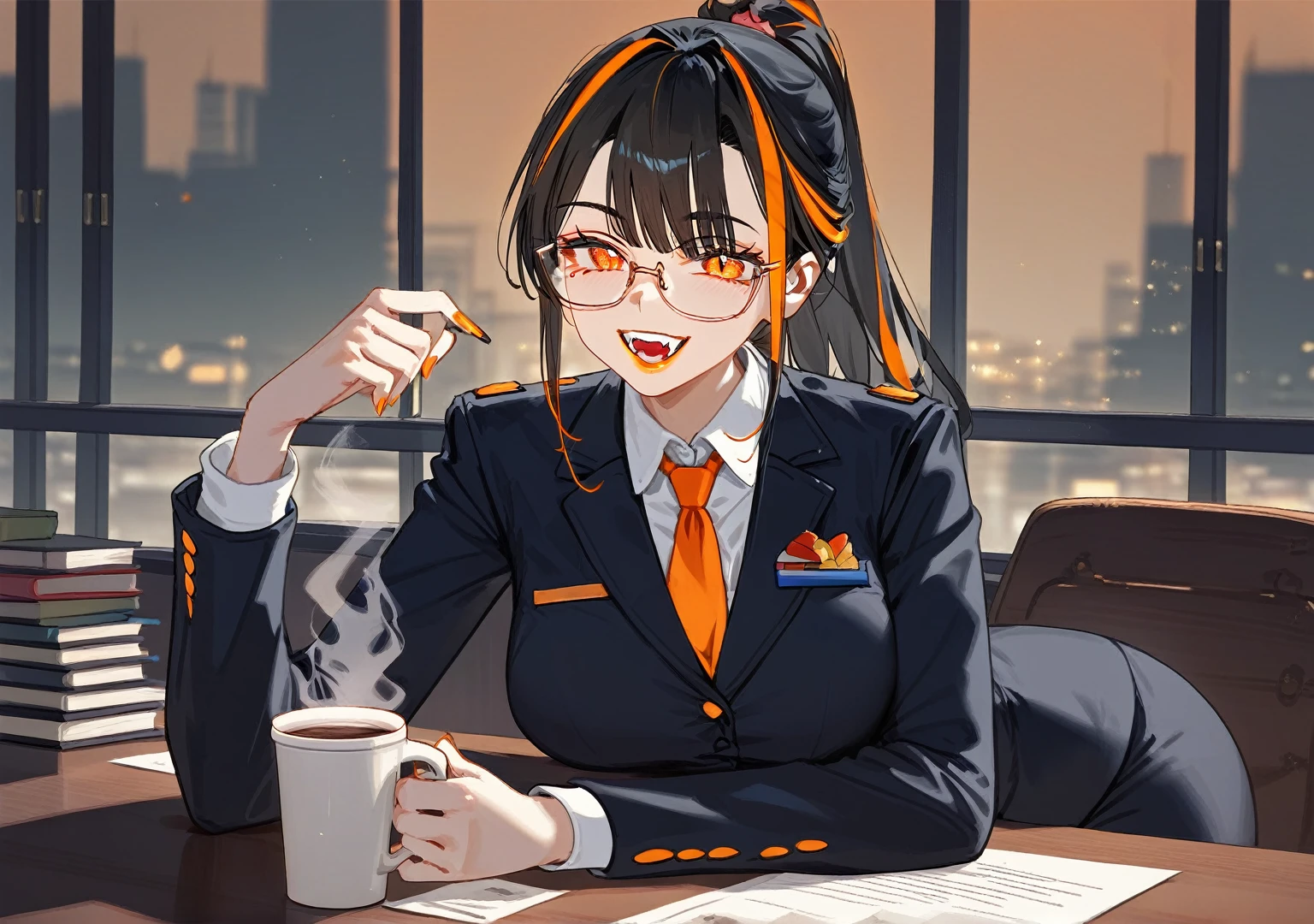 masterpiece, best quality, score_9,1older woman,orange lipstick,secretary outfit,siren glasses,mole,ponytail,orange and black hair,black hair,orange streaks,fangs,night,black bed,1woman,sitting on desk,looking at viewer, holding coffee,high quality,detailed