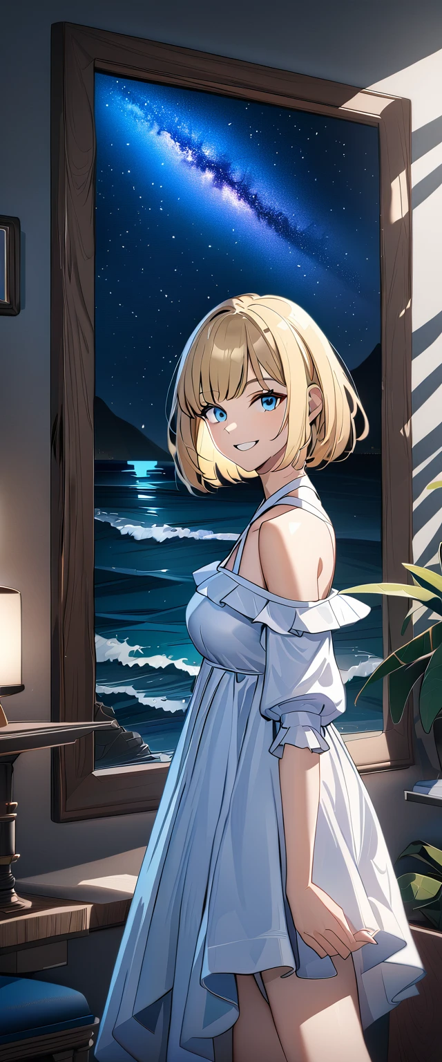 ((grin)), 風が強い, ((off-shoulder dress:1.3, criss-cross halter)), ((white sundress)), ((cleavage)), ((blond hair, bob cut:1.3)), ((sunglasses, hand to sunglasses)), (((from side))), ((((upper body)))), bare legs, (()), (((a beautiful starry sky, the Milky Way shining beautifully in the night))), ((standing on the very high cliff)), wavy hair, inward curled hair, ((sea, nature)), breasts, teenager, (looking at viewer), puffy long sleeves, collarbone, head tilt:1.3, (((blue eyes))), happy smile, (((anime style))), (best quality, 4K, 8K, highres, masterpiece:1.2, ultra-detailed, ultra-detailed eyes, HDR, uhd, studio lighting, ultra-fine painting, sharp focus, physically-based rendering, extreme detail description, professional, vivid colors, bokeh)