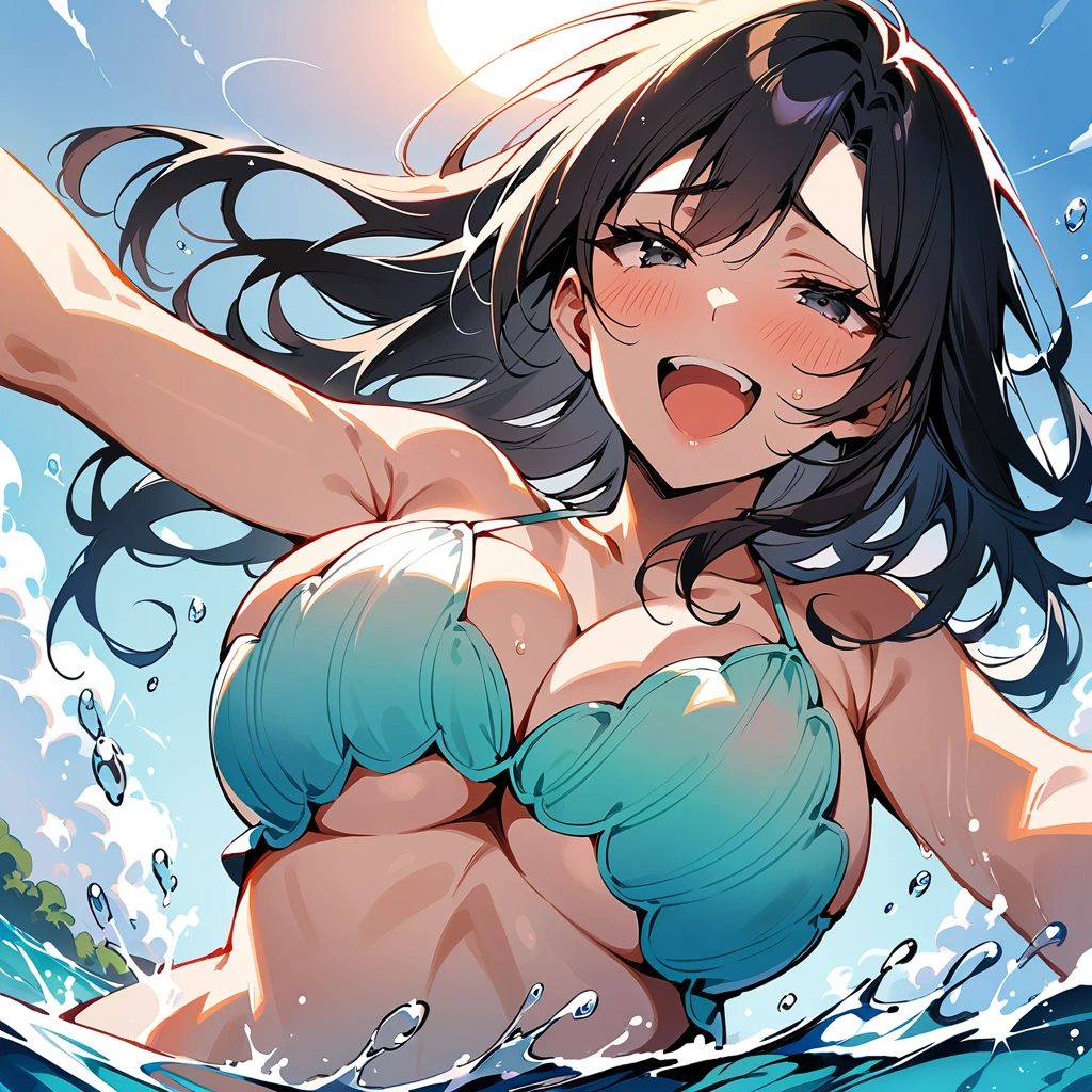 Top quality, masterpiece, woman, long wavy black hair, black eyes, scallop shell swimsuit, bikini, big breasts, underboob, close-up, beautiful water splash, sea, sun, laughing