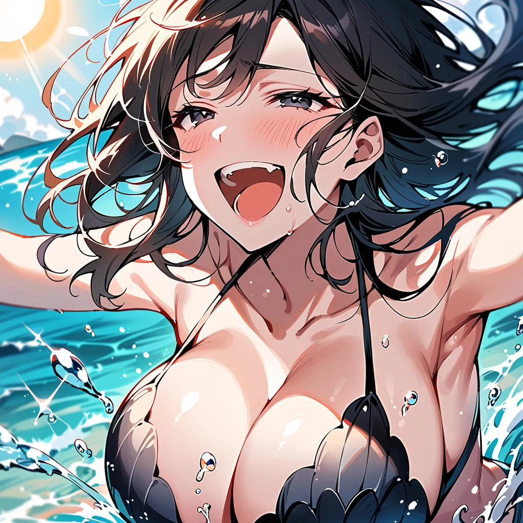 Top quality, masterpiece, woman, long wavy black hair, black eyes, scallop shell swimsuit, bikini, big breasts, underboob, close-up, beautiful water splash, sea, sun, laughing