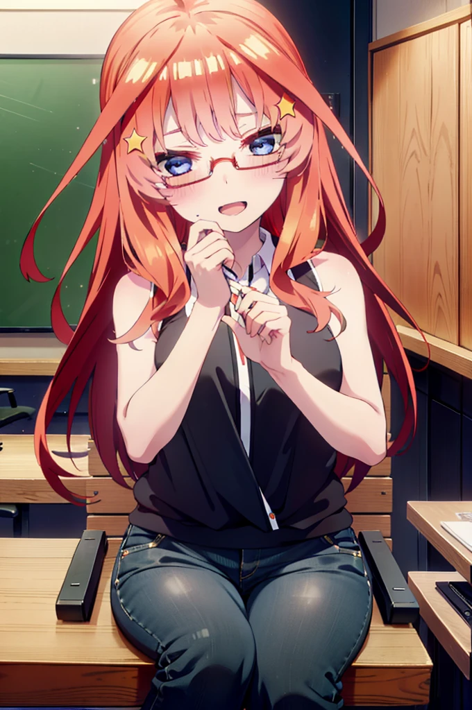 itsukinakano, itsuki nakano, bangs, blue eyes, Hair between the eyes, Ahoge, Redhead, star \(symbol\), hair ornaments, star hair ornaments,smile,Open your mouth,Red-rimmed glasses,Cold Shoulder Shirt,skinny pants,Stiletto heels,Sitting in a chair,There is a computer on the table,interior,Holding a hamburger with both hands and eating it,whole bodyがイラストに入るように,
break indoors, オフィス
break looking at viewer, whole body,
break (masterpiece:1.2), Highest quality, High resolution, unity 8k wallpaper, (figure:0.8), (Beautiful attention to detail:1.6), Highly detailed face, Perfect lighting, Highly detailed CG, (Perfect hands, Perfect Anatomy),