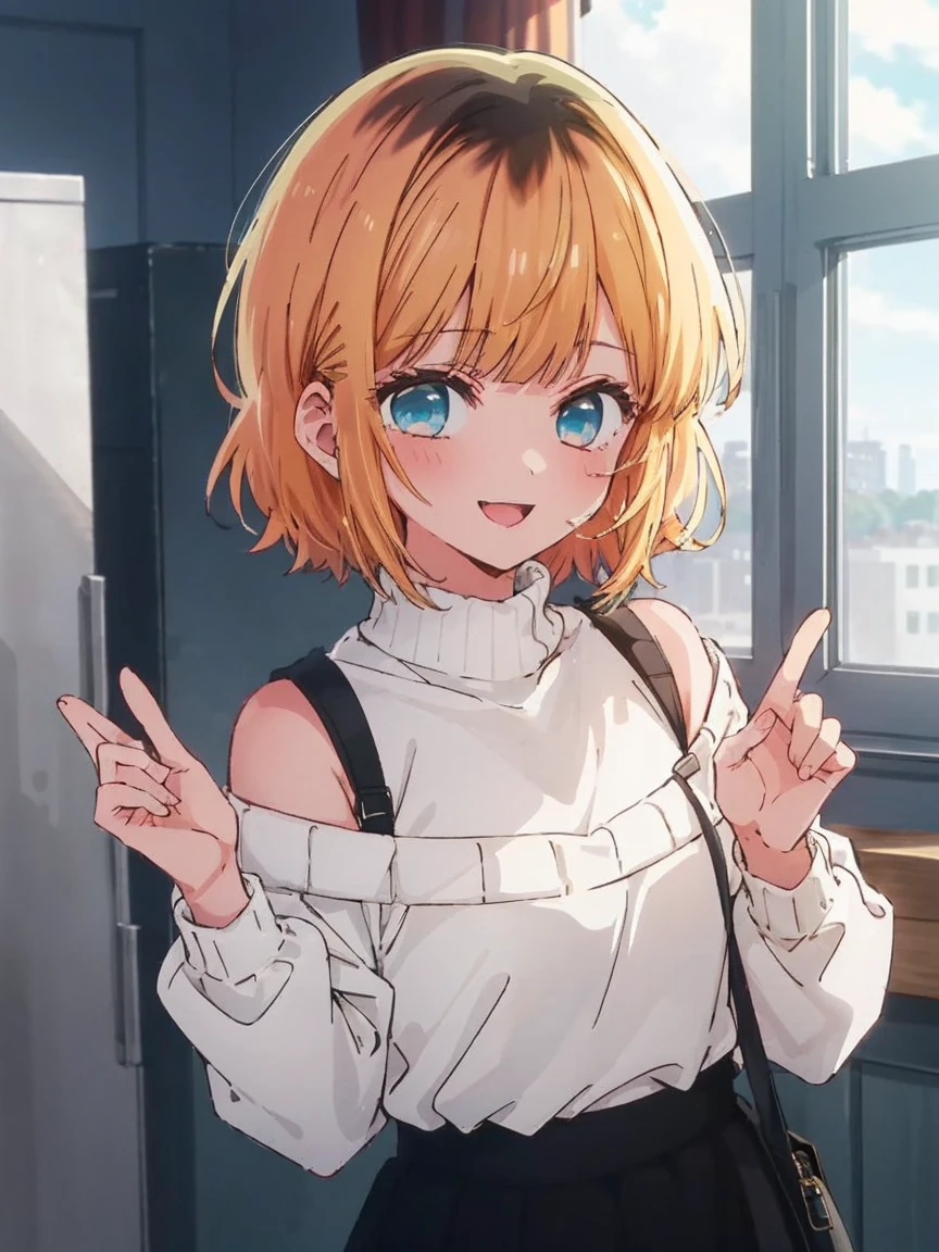 1 Girl, Memocho, Blonde, blue eyes, Blunt bangs,  short hair,
Breaking the Bare Shoulders, 黒のskirt, (青いsweater:1.5), Long sleeve, Off the shoulder, Off the shouldersweater, Puffy sleeves, skirt, sweater, White ribbon,(((Anime Style)))、(((2D)))、、smile、close、Open your mouth、Black hair only on the head