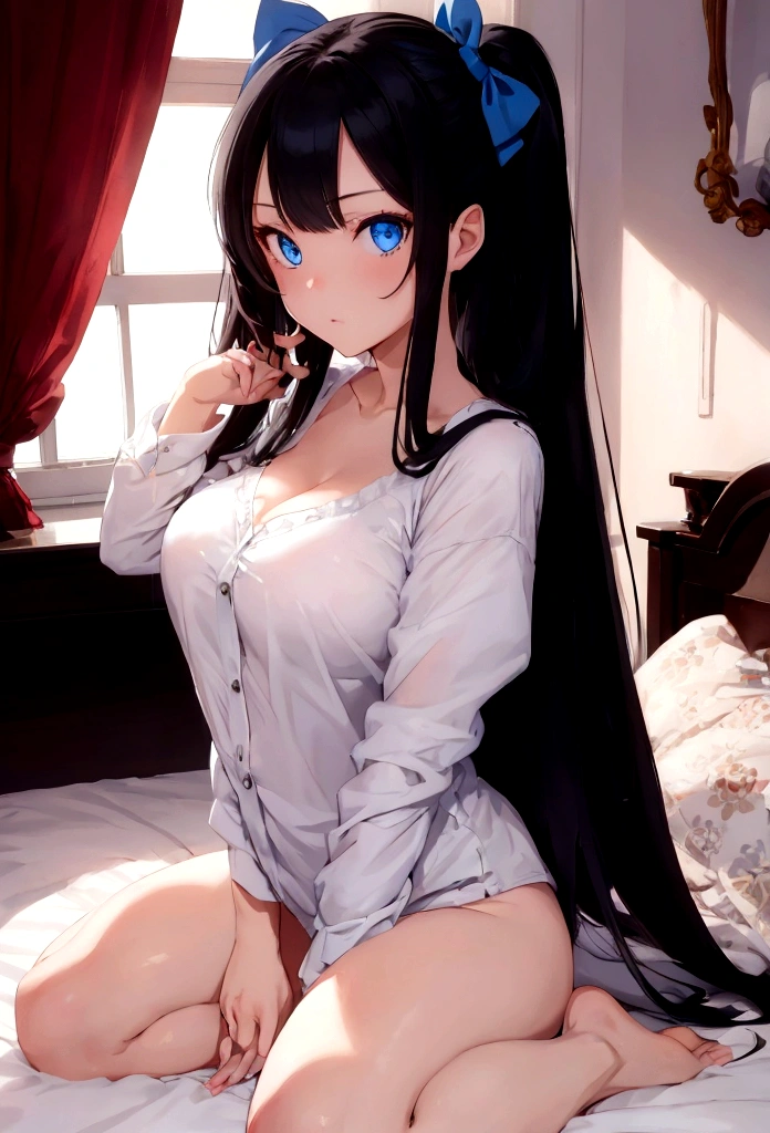 Beautiful girl, long black hair, blue eyes, adult body, In the bedroom, facing the camera, sitting on the bed, sexy pose, hair bows, big ass and breasts, mini shirt.