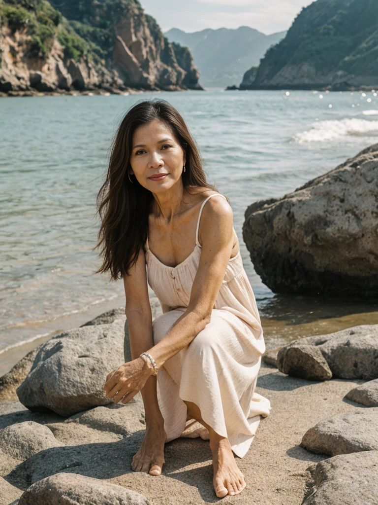 RAW PHOTO, her name is Dolores, high quality, 1 old woman, ((58-year-old slim filipina woman)), (((58 years old))), ((slim body)), ((wrinkled body)), (((old body))), (((long hair))), she is wearing a modest Generation X flowy sundress, POSE: sitting, BREAK, BACKGROUND: outdoor, rocks by the beach, film grain, instagram photo