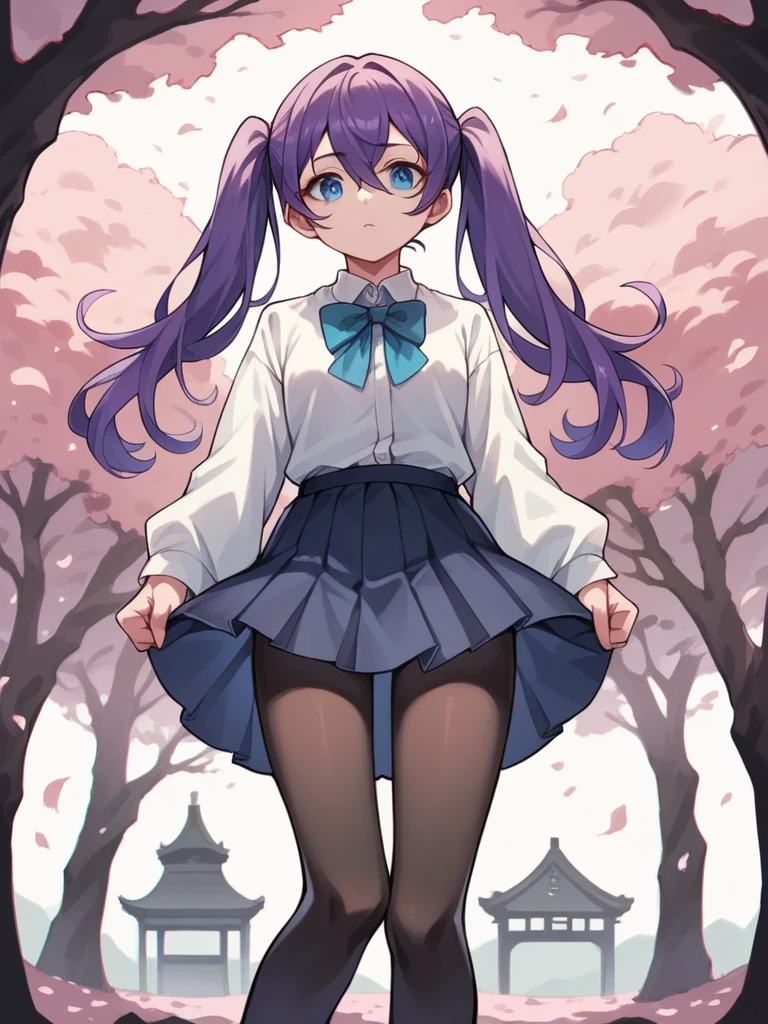 blue eye, red eye, sharp eyes, pointed eyes, purple hair, hair between eyes, curly twintails, masterpiece, sharp focus, best quality, cinematic lighting,blue eyes, hair between eyes,perfect face, legs thick, white short-sleeved shirt, short school skirt, black pantyhose, looking around, cherry blossom tree