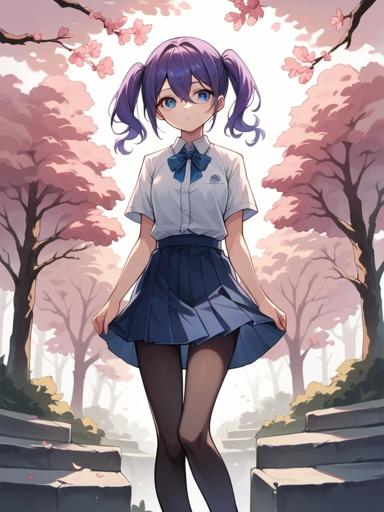 blue eye, red eye, sharp eyes, pointed eyes, purple hair, hair between eyes, curly twintails, masterpiece, sharp focus, best quality, cinematic lighting,blue eyes, hair between eyes,perfect face, legs thick, white short-sleeved shirt, short school skirt, black pantyhose, looking around, cherry blossom tree