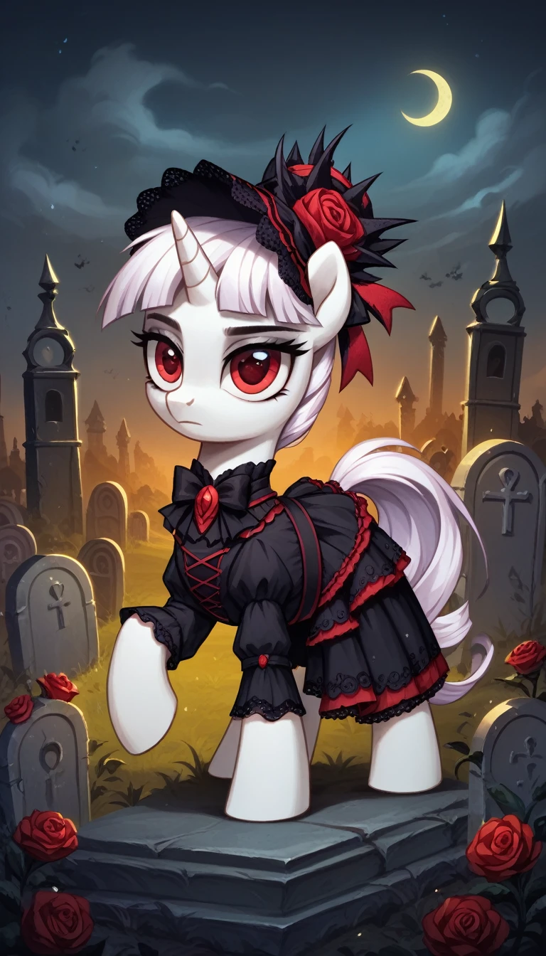 score_9,score_8_up,score_7_up,score_6_up, filly, unicorn, white fur, red eyes, Gothic pony, lolita fashion, glowing backlight, fashion show, graveyard, glitter, whimsical, enchanted, magical, fantasy art concept, intricate details, holding a black rose