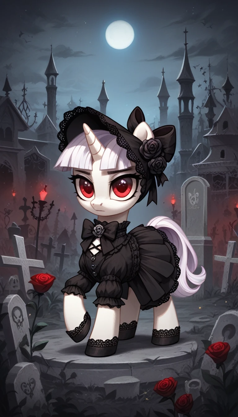 score_9,score_8_up,score_7_up,score_6_up, filly, unicorn, white fur, curly blonde hair, twintails, red eyes, Gothic pony, lolita fashion, glowing backlight, fashion show, graveyard, glitter, whimsical, enchanted, magical, fantasy art concept, intricate details, insane evil smile, blood splatter on face, floating knife