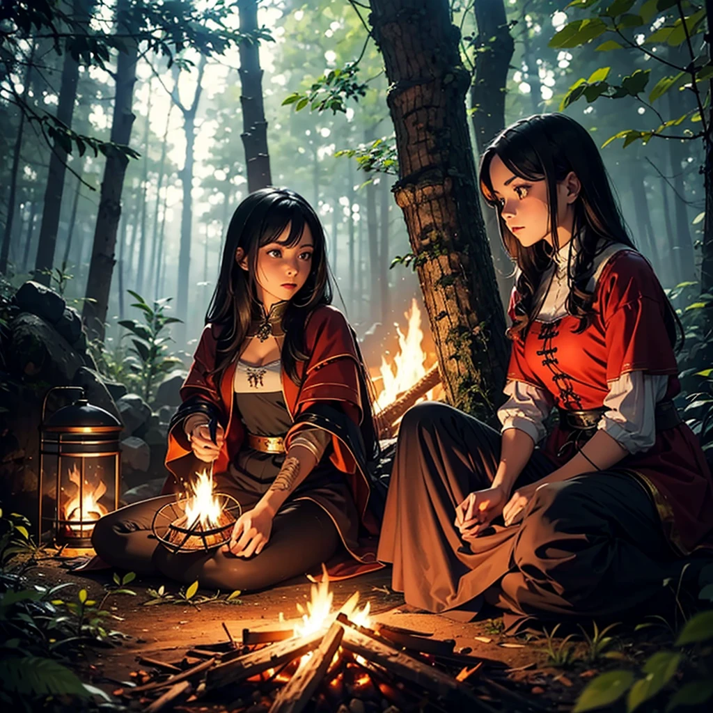 a woman sitting on the ground near the campfire in a forest, medieval era, she wears a light and very exotic outfit.