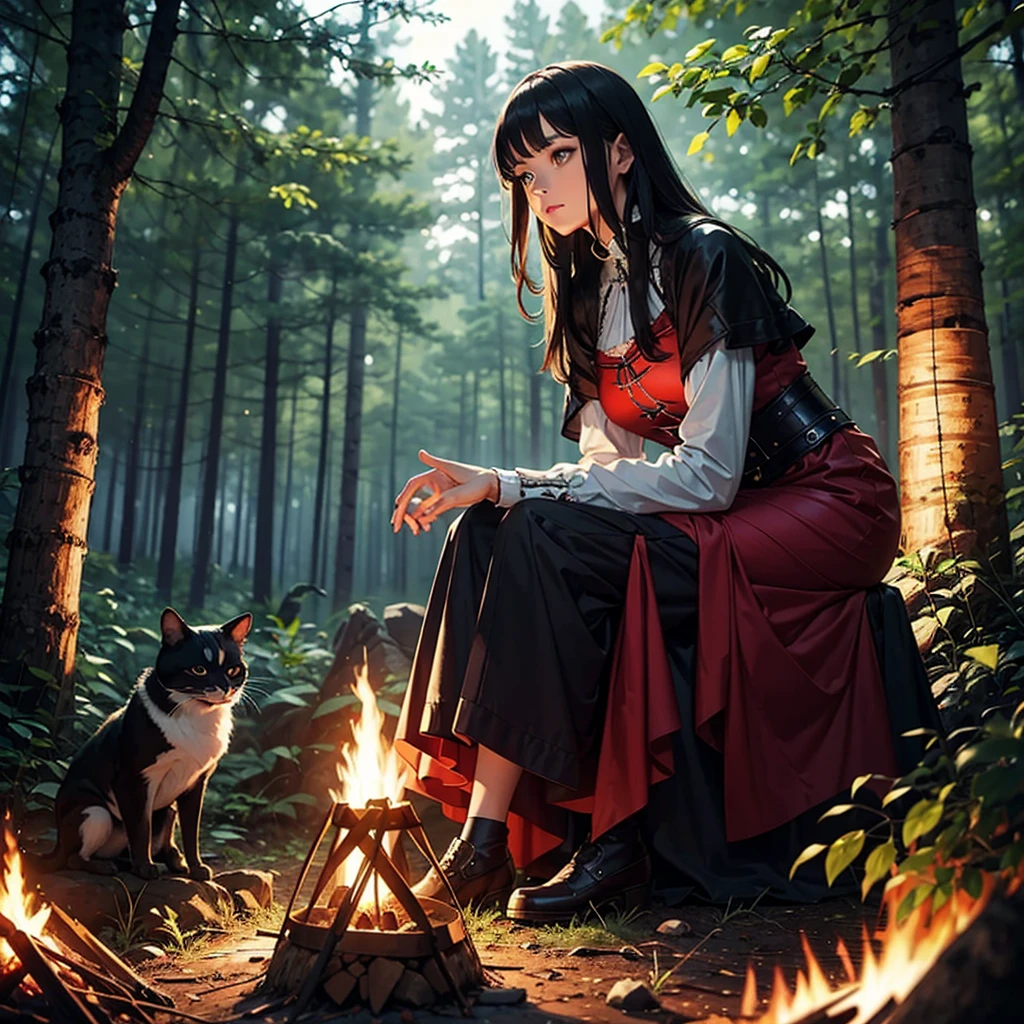 a woman sitting on the ground near the campfire in a forest, medieval era, she wears a light and very exotic outfit. 