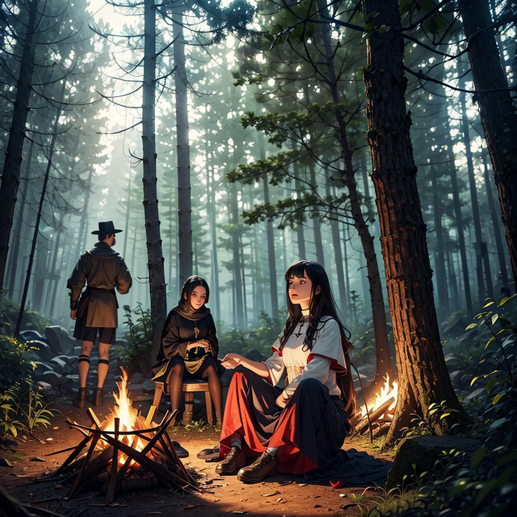 a woman sitting on the ground near the campfire in a forest, medieval era, she wears a light and very exotic outfit.