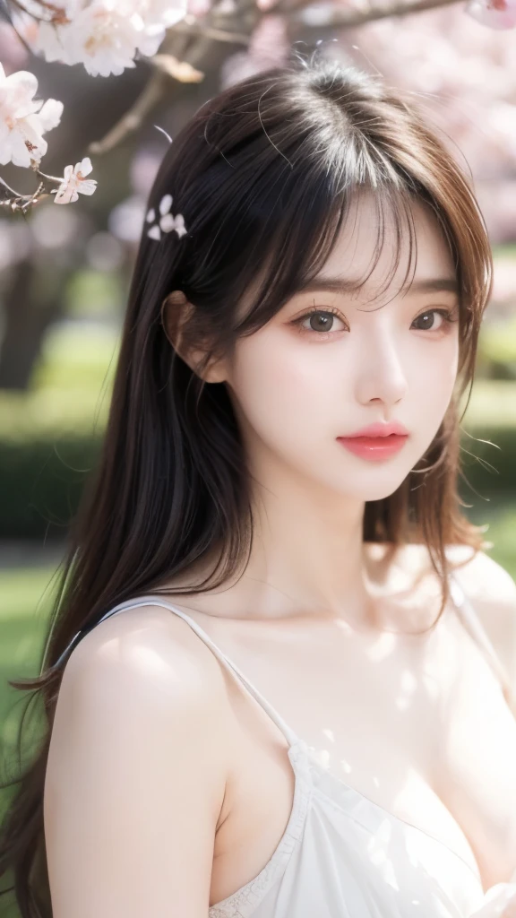 good quality, 4K,8K,Practical, Reality, Extremely detailed, Extremely delicate and beautiful, RAW photos, Japanese and Korean beauties，Korean beauty，Wear JK, ，Large Breasts，(Beautiful and delicate eyes,Beautiful and delicate lips,Extremely detailed eyes and face,Long eyelashes), Beautiful hair, Happy expression, Surrounded by cherry blossom trees, It has a cute anime style, In the picturesque garden filled with sunshine. Best quality artwork, With ultra-detailed features and realistic, Practical touch. Bright colors，The lighting creates a warm atmosphere, Dreamy atmosphere.