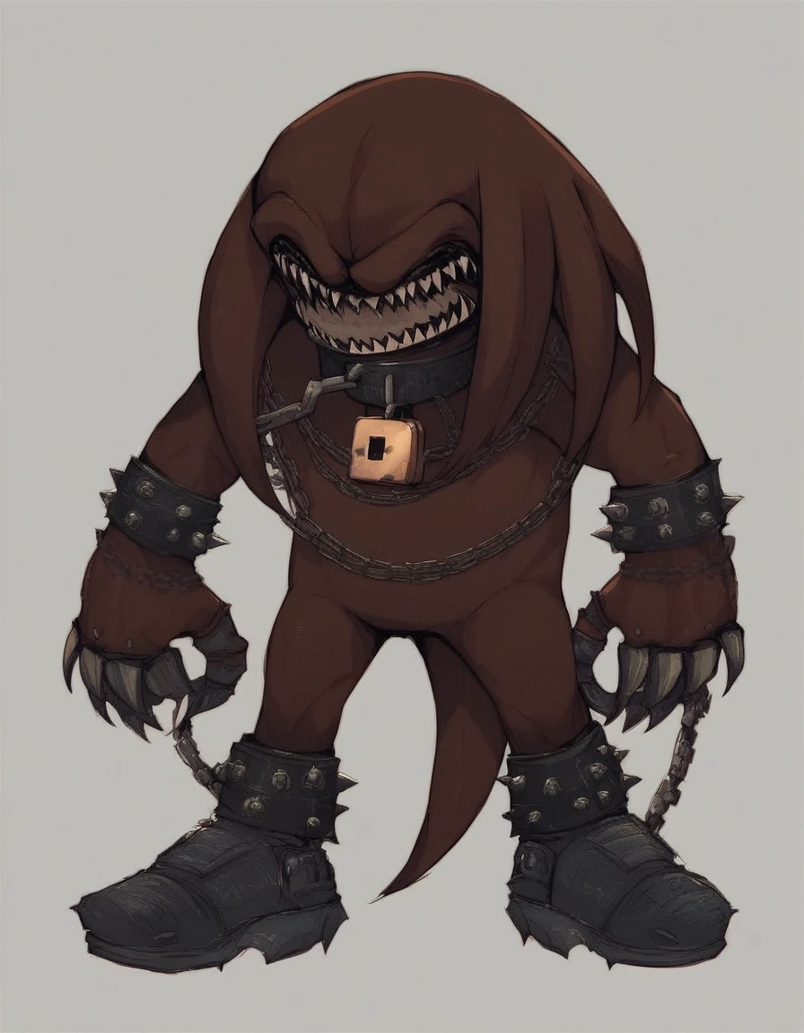 knuckles_alt, solo, open mouth, simple background, 1boy, tail, full body, male focus, teeth, grey background, collar, no humans, chain, sharp teeth, claws, spikes, removed jaw, teeth for eyes, lock on chest,