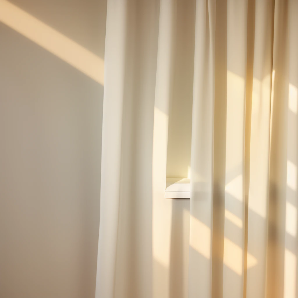 There is a white wall,There is a plant and a window on it, Background made of large curtains, Soft and natural volumetric lighting, Fully present light and shadow, Sand-colored walls, Presenting in Corona, Afternoon Sunshine, Warm Lighting with Cool Shadows, Soft diffuse lighting, Daylight made from a blender, Detailed shadows and textures, Flowing realistic fabrics, Realistic afternoon lighting, Soft window light