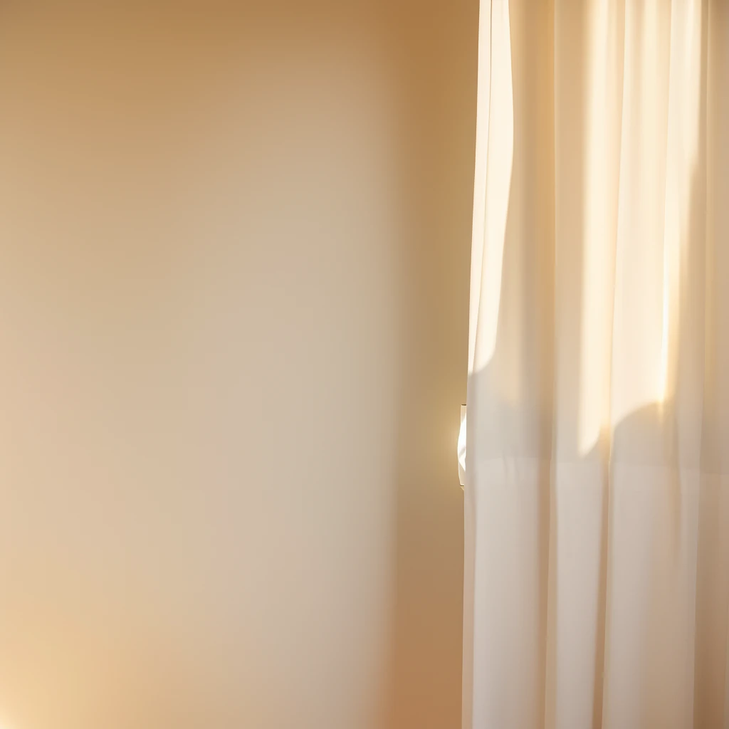 There is a white wall,There is a plant and a window on it, Background made of large curtains, Soft and natural volumetric lighting, Fully present light and shadow, Sand-colored walls, Presenting in Corona, Afternoon Sunshine, Warm Lighting with Cool Shadows, Soft diffuse lighting, Daylight made from a blender, Detailed shadows and textures, Flowing realistic fabrics, Realistic afternoon lighting, Soft window light
