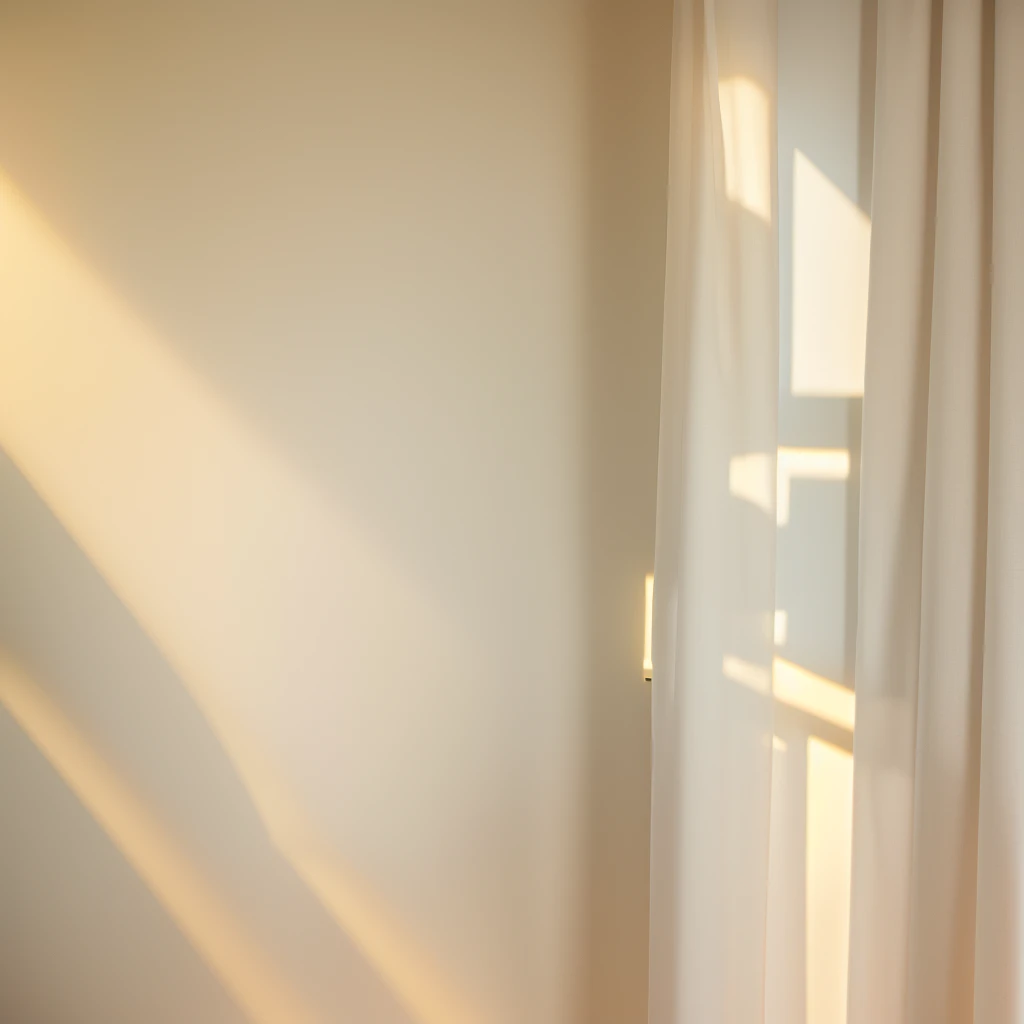 There is a white wall,There is a plant and a window on it, Background made of large curtains, Soft and natural volumetric lighting, Fully present light and shadow, Sand-colored walls, Presenting in Corona, Afternoon Sunshine, Warm Lighting with Cool Shadows, Soft diffuse lighting, Daylight made from a blender, Detailed shadows and textures, Flowing realistic fabrics, Realistic afternoon lighting, Soft window light