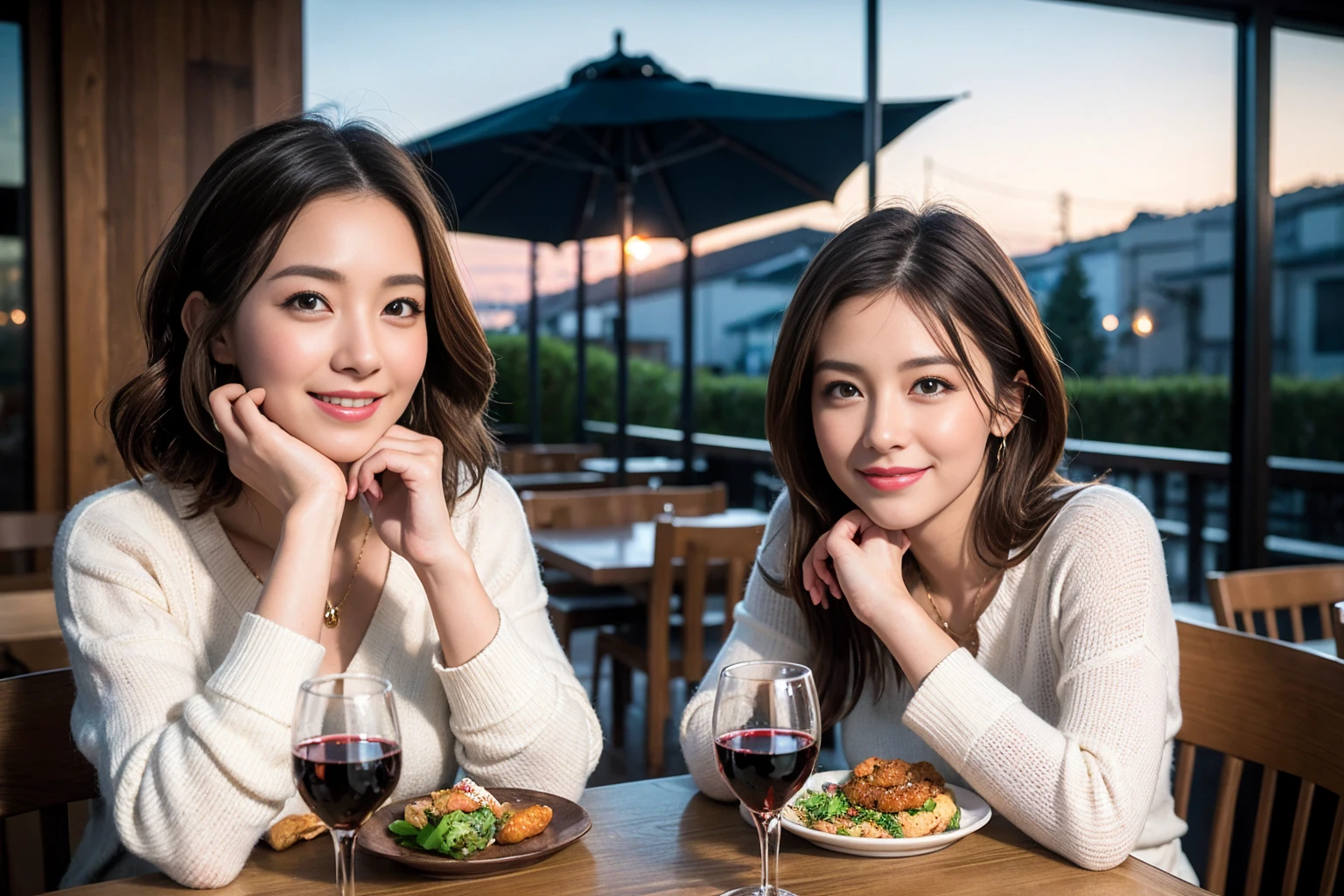 ((Highest quality、8K、masterpiece:1.3))、slimカップル、modelカップル、(Realistic, Intricate details:1.2), full-course dinner、Wine Party、Amazing view of the sunset sky and clouds、A bright smile、The wonderfulness of smile、Bright image、The beauty of wine, Beautiful Face, blue eyes, The light shines on your face, Blushing, short hair,Bright Face、 (Age 37), 39 years old, red wine 、Appetizers、Italian food、Wine bottle、Champagne、sparkling wine、Two beauties、Brown Hair、Shortcuts、Long sleeve shirt、dress、Beautiful woman 1, (slimな顔), (The body is slim), (Brown Hair), (Shortcuts), cheeks turn a little red,Attractive beauty、restaurant, In a prominent place (From the waist up) Nova Frog Style, actress, model, Upper Body, White wine, slim, wine glass, 中央に置かれたwine glass, smile, (smile: 1.15), Beautiful fine grain, Depth f/2,saturation, High Contrast, Strong light and shadow,Moist Body:1.5、3D texture、Delicate eyes、Brown Hair、The hair is very shiny、