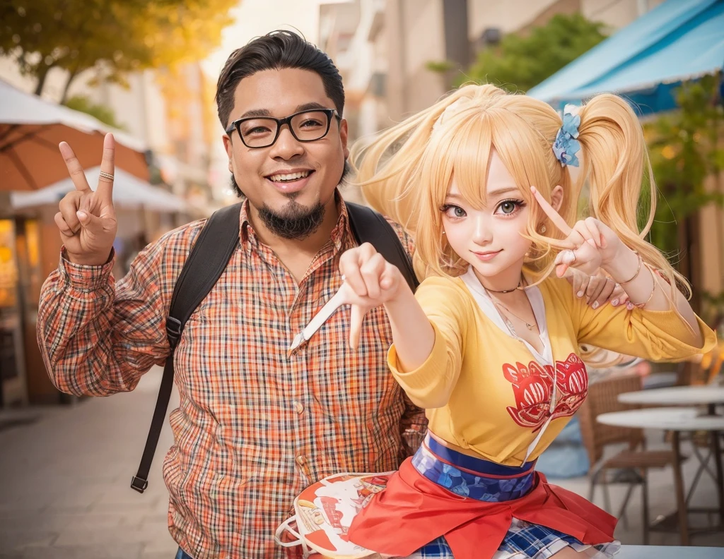 An otaku and a gal are making peace signs