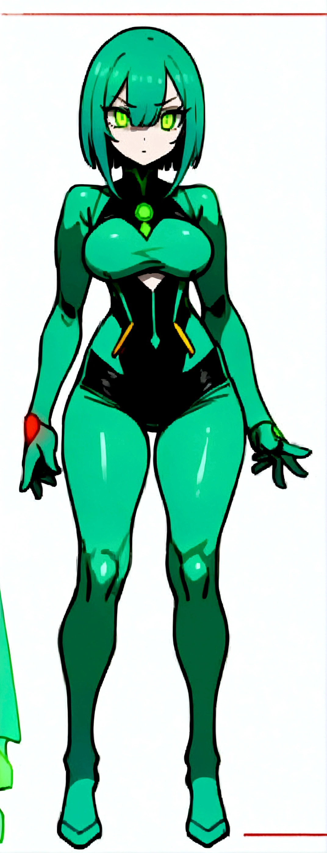 ((full bodyesbian)), (Simple background), ((High resolution)), (simple background), (white backgrounid:1.3), 1girl, muscular frame with thick, skin with glowing circuits in green or red, red or green but glowing eyes, multicolored hair, hair over one eye, dress futuristic dress and pantyhose, stands in a challenging pose, hands on hips, exuding a terrifying yet captivating presence, with a full-body representation.