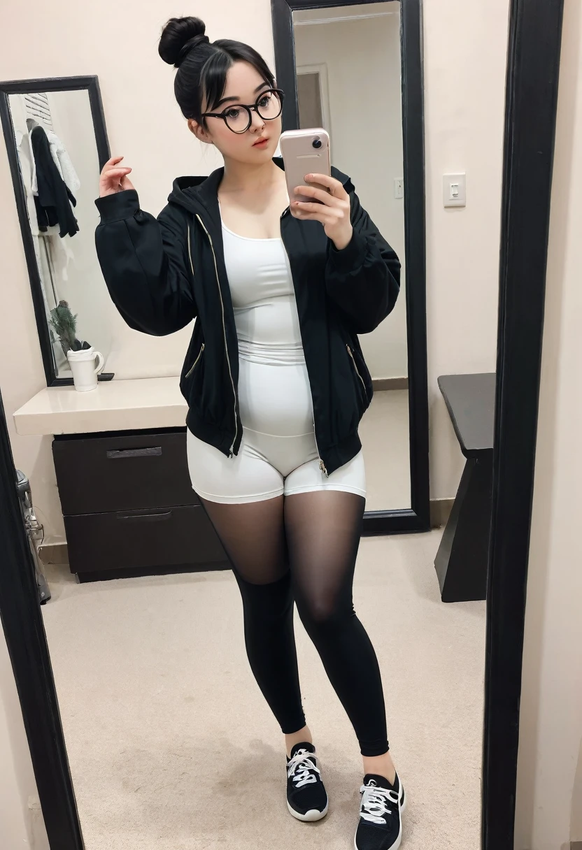 girl with a slightly dark color, a little chubby, culona, wide legs, waist a little big, with leggings, a black and white jacket, short black hair with bun and oval glasses, taking a selfie of their entire body in the mirror, small stature