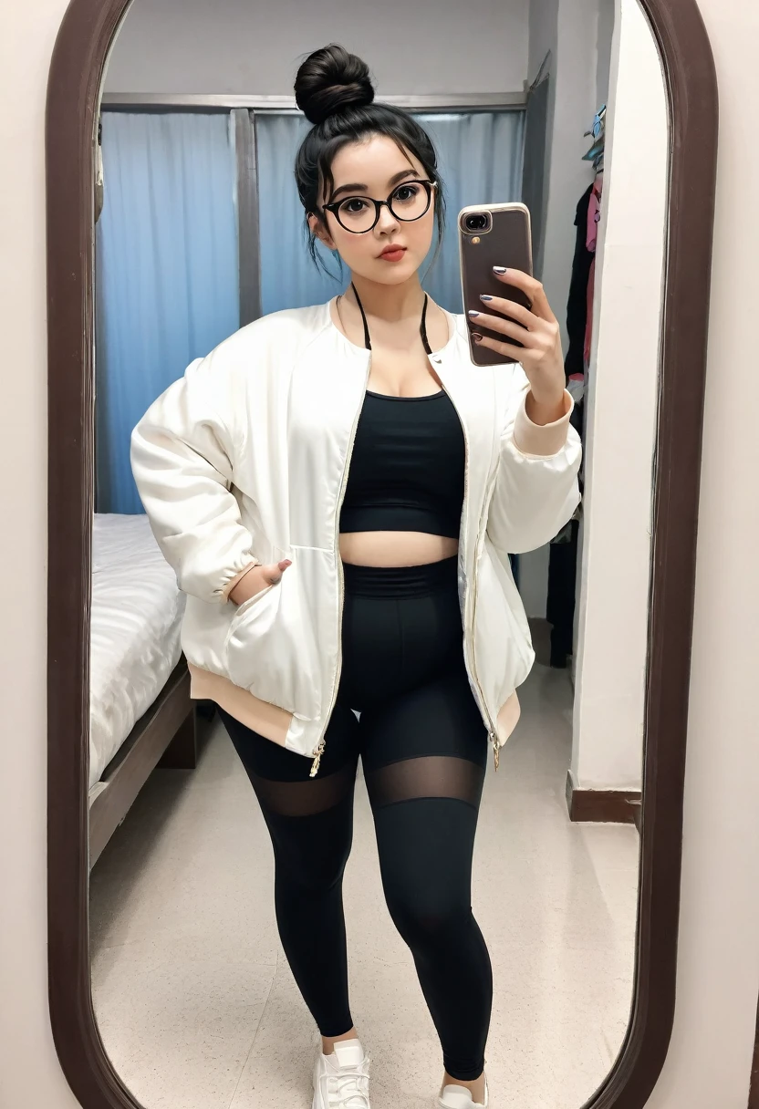 girl with a slightly dark color, a little chubby, culona, wide legs, waist a little big, with leggings, a black and white jacket, short black hair with bun and oval glasses, taking a selfie of their entire body in the mirror, small stature