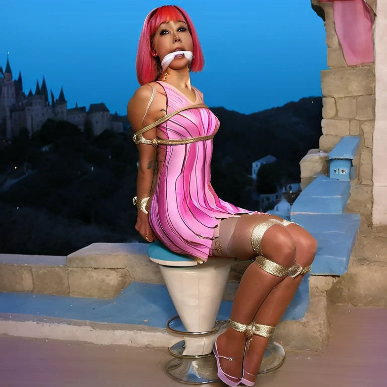 stephanie a girl, with pink hair and a pink wig, AS-Young zrpgstyle stephanie, pink striped dress stockings standing on the edge of a castle in a fantasy city with tall towers, (zrpgstyle) (masterpiece:1.2) (illustration:1.2) (best quality:1.2) (detailed) (intricate) (8k) (HDR) (cinematic lighting) (sharp focus), striped dress, intricate detail, (rich:1.4), prestige, gorgeous, symmetric, symmetric eyes, detailed eyes, 8k, high quality, f1.8, 200mm, photografy style, model position, perfect hands, detailed face, perfect face, look at viewer, perfect mouth, perfect eyes, cowgirl position, low angle shot, (perfect hands:1.3), detailed face, perfect face, look at viewer, pefect lips, hyperdetailed,glow, physically-based rendering,3d render,8k,high resolution,ultra high res,cinematic look,magical atmosphere,augmentations,insane details,intricate details,Exquisite details and textures,cinematic film still,intricately detailed,finely detail,High Detail RAW color Photo,hdr,cinematic lighting,ambient lighting,professional lighting,Romantic lighting,soft cinematic light,specular lighting,best quality,highly detailed,radiosity,god rays,sunbeam,raytracing,realistic,4k textures,(((full body))), barefoot 