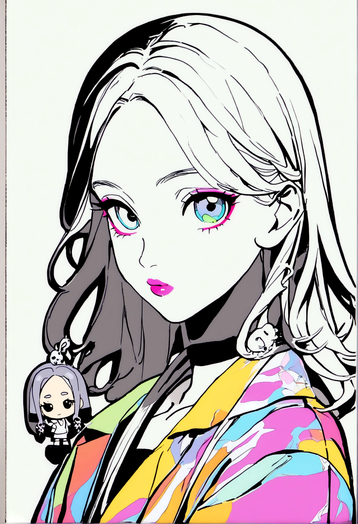(Maximalist Vector:1.3) of (figure:1.3) a photo of a 少年, Billie Eilish style,(Flat Style:1.3),figure,Behind,(Low contrast:1.3),(Close-up portrait:1.3),(feminine:1.4),(beautiful:1.4),(Charm:1.3),good looking,Calendar Pose,An eye for perfect detail,Studio Lighting,テーマof背景, 