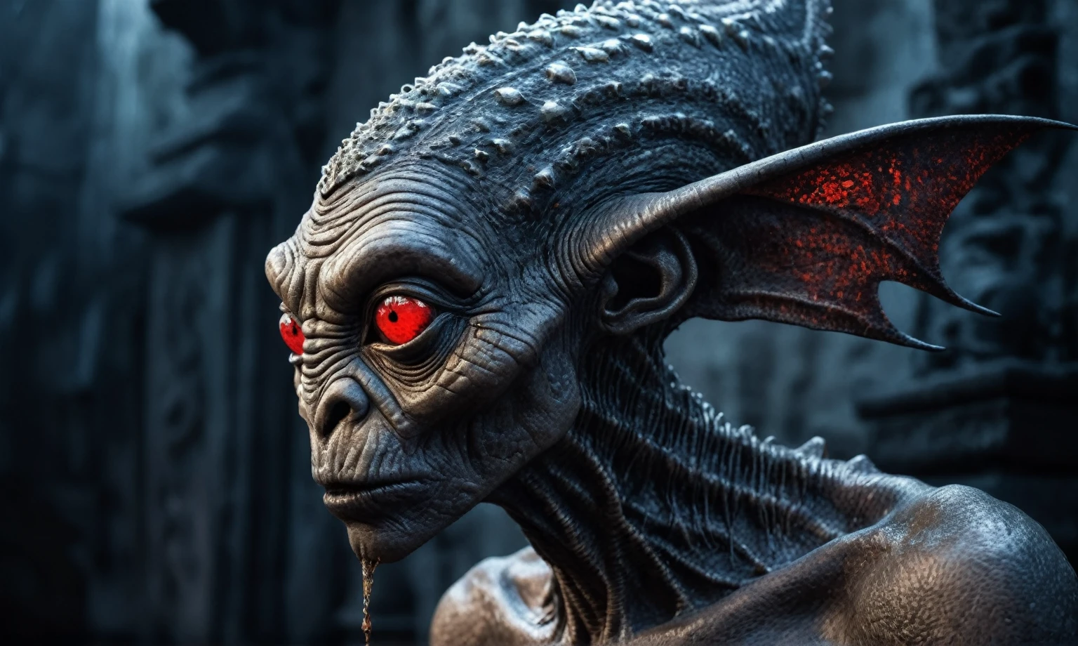 full body length shot,nerd graphite  Alien Entity,native africa slave ,nowadays azctec central city,Cinematic,soft colors, Technicolor,natural skin textures, hyper realism, hyper detailed,Extremely detailed,High contrast,Masterpiece,Realistic,Ultra Detailed, intricate details,realistic humid leather,extremely intricate details,Epic Realistic, cinematic style, irina yermolova,high contrast,hdr,extremely detailed, [deep night landscape],masterpiece, intricate details, eyes extremely detailed, high detailed eyes,8k resolution,retina, Nikon Z9,Korea,orc,Egypt, Pisces, transition between two art styles, Double contact, X-ray, Creative, vivid light, fantasy, Abstract, Surrealism, super detailed, high resolution,insanity national folk wear,skin  almost translucent, gothic elements, further emphasizing its dark air,Mestichino,Light particles,chaos,starfish's leather,Angkor Wat of Cambodia,"(The best lighting, dark, dramatic),(alien troll half-skull fetus, Hellraiser, Scars, , poison brain, , a rat inside the head, terror.),(Red eyes, calaveras). morning light.


